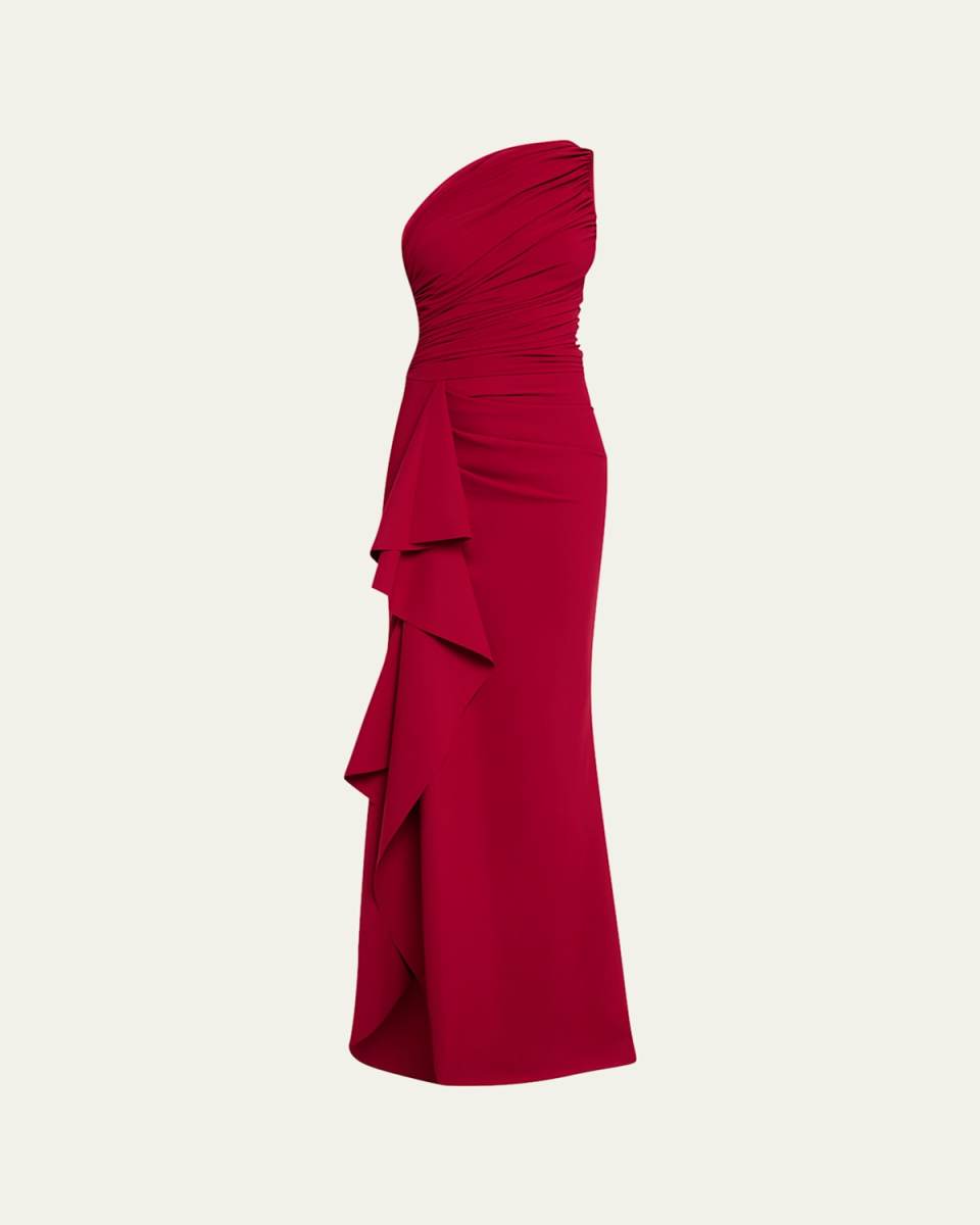 Ruched One-Shoulder Ruffle Gown